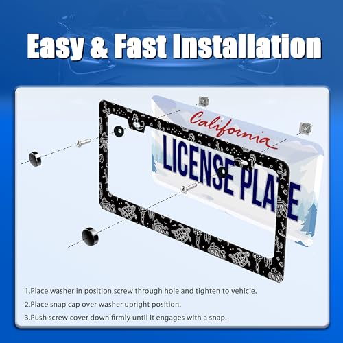 Turtles Print License Plate Frame Stainless Steel Car Accessory 6.3x12.3In (Black White Ocean Animal Turtles)