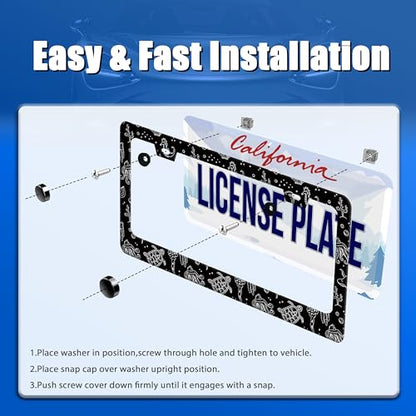 Turtles Print License Plate Frame Stainless Steel Car Accessory 6.3x12.3In (Black White Ocean Animal Turtles)