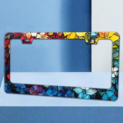 Marble Flowers License Plate Frame Colorful Floral License Plate Holder (Marble Flowers)