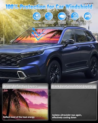 Sunset Beach Car Windshield Sun Shade Compatible with Honda CRV CR (Honda CRV 2012-2016 - sunset beach)