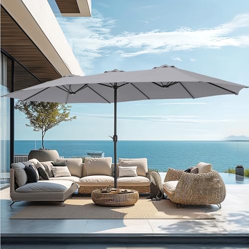 15ft Large Outdoor Patio Umbrella with Base Included (Light Gray)