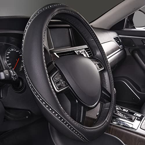 Bling Diamond Black Leather Steering Wheel Cover (Silver Diamond 1PCS)