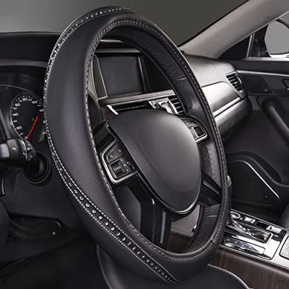 Bling Diamond Black Leather Steering Wheel Cover (Silver Diamond 1PCS)