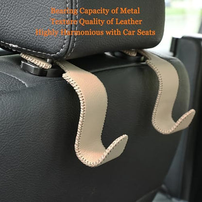 4 Pack Car Headrest Hooks Holds 55lbs Seat Storage Organizer for Bags (Leather Beige)