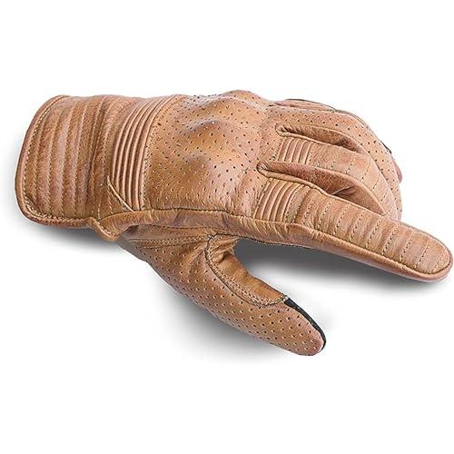 Leather Motorcycle Gloves for Men with Light Tricot Inner Lining Bike Riding Gloves with Fingers and Knuckle Padding with Adjustable Magic Tape Fastener (Large / Short Billy Tan)
