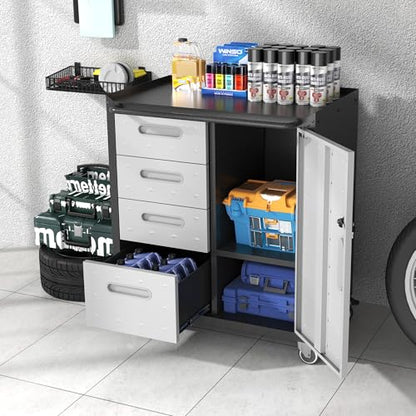 Metal Storage Cabinet for Garage (Black & Gray / M - 4 Drawers & 1 Door (Wheeled))