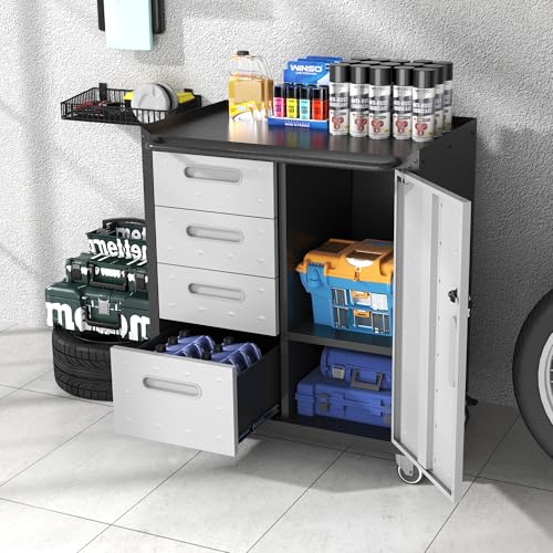 Metal Storage Cabinet for Garage (Black & Gray / M - 4 Drawers & 1 Door (Wheeled))
