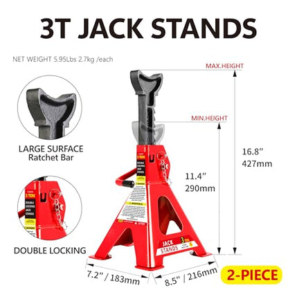 4 Piece Car Truck Floor Jack Service (Red - 2 Ton, Lift 3.3"-15.2" (Floor Jack+2 Jack Stands+Tire Repair Kit))