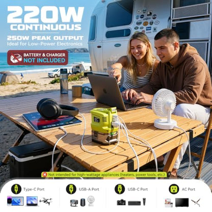 220W Portable Power Inverter Compatible with Ryobi 18V Battery (1-pack / Green)