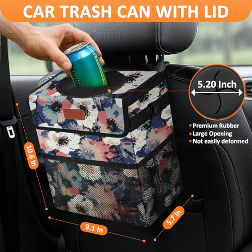 Car Trash Can with Lid Leak Proof Car Accessories for Women (2.2 Gallons / Painting Floral)