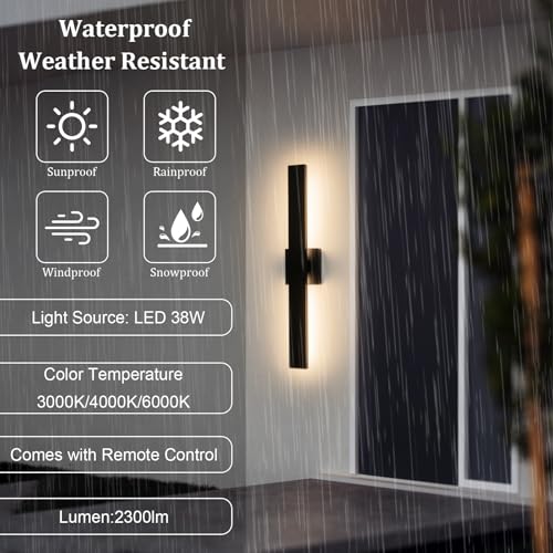 Modern Outdoor Wall Light 3CCT Dimmable LED Outdoor Sconce Lights with Remote Control (Black-3CCT with Remote / 27.2 inch-1 Pack)