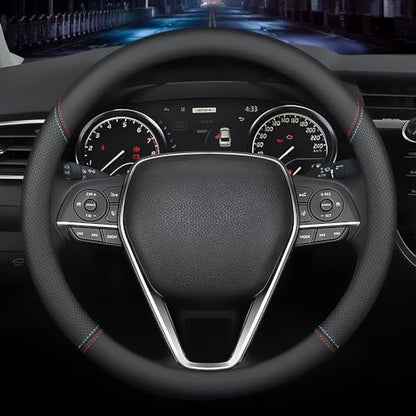 Nappa Premium Leather car Steering Wheel Cover (Black (red blue line))