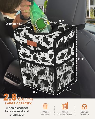 Car Trash Can with Lid Leakproof Car Garbage Bag Vehicle Trash Bin (2.8 Gallons / Cow Print)