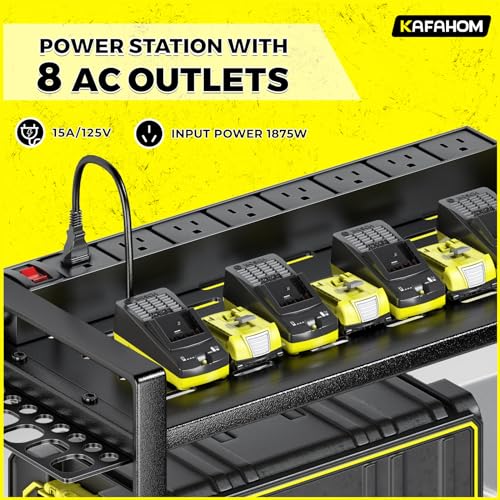 Power Tool Organizer with Charging Station.Garage 8 Drill Holder Built in 8 Outlets Power Strip (8 DRILL BLACK-4L / Black with Power)