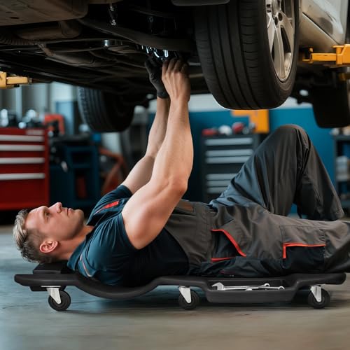 Mechanic Creeper with Padded Headrest and Dual Tool Tray (Black / 46.5")