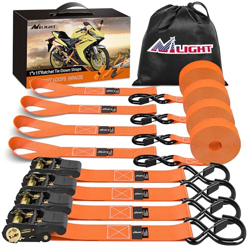 Ratchet Tie Down Straps 4500LBS Break Strength 1”×15’ Orange 4 Pack (1in x 15ft Ratchet Straps 4Pcs / Straps)