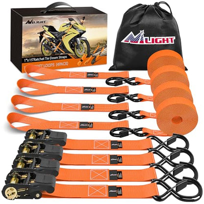 Ratchet Tie Down Straps 4500LBS Break Strength 1”×15’ Orange 4 Pack (1in x 15ft Ratchet Straps 4Pcs / Straps)