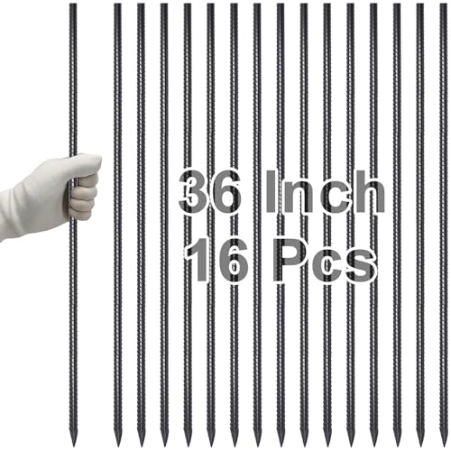Straight Rebar Stakes 36 Inch Ground Concrete Form Stakes Heavy Duty (I-36 Inch-16 Pcs / I-36 Inch-Φ3/8"-Black)