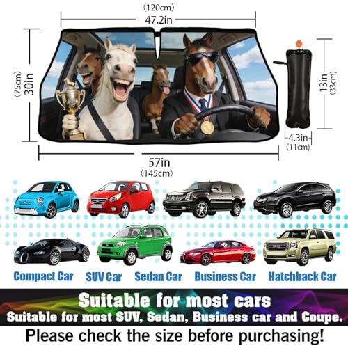 Horse Car Windshield Sun Shade Umbrella Bendable Handle Foldable Funny Horse Animal Driving Sunshade for Car Windshield Block UV Rays Keep Vehicle Cool for Most Sedans SUV Trucks 57"x30" (147*75cm,33*11cm / Funny Horses)