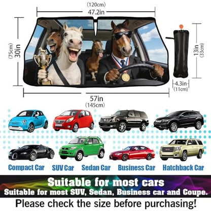 Horse Car Windshield Sun Shade Umbrella Bendable Handle Foldable Funny Horse Animal Driving Sunshade for Car Windshield Block UV Rays Keep Vehicle Cool for Most Sedans SUV Trucks 57"x30" (147*75cm,33*11cm / Funny Horses)