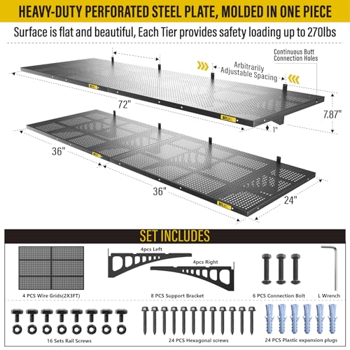 4Pack 2x3ft Adjustable Metal Garage Wall Shelving Heavy Duty Garage Storage Shelf Wall Mounted Black (2x3ft-4Pack / Black)
