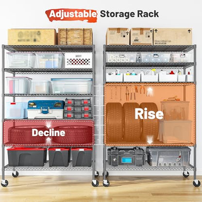 Heavy Duty 6 Tier Rolling Storage Shelves with Wheels for Garage (82"H X 45"W X 18"D-Black)