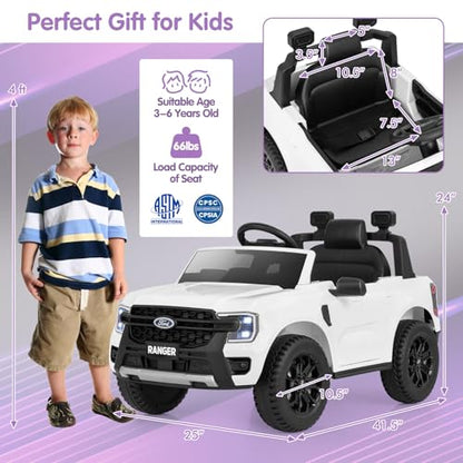 Ride On Car 12V Licensed Ford Ranger Electric Vehicle for Kids (White / 41.5” x 25” x 24”)