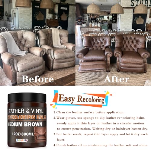 Leather Recoloring Balm Medium Brown Dye Vinyl Car Interior Boat Seat Paint Crafts Furniture Couch Recliner Chair Boot Jacket Shoe Bag Purse Belt Color Restorer Fading Stain Scratch Remover Repair (Medium Brown)