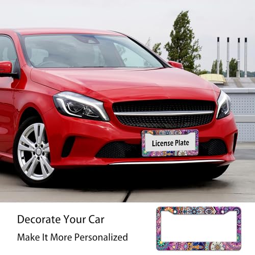 Mandala License Plate Frame Cute Floral Purple License Plate Holder Boho Flower Car Tag Holder Frame Metal Aluminum Rustproof Car Accessories for Women with 2 Holes and Screws 12.2 x 6.3 Inches (Mandala Pattern)