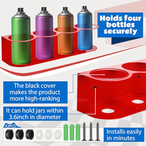 2 Pcs All Purpose Steel Spray Bottle Holder Heavy Duty Can Holder Rack Organizer Easy Install Wall Mount Paint Spray Bottle Organizer Storage Rack for Garage Home Workspace (Red / 4 Holes)