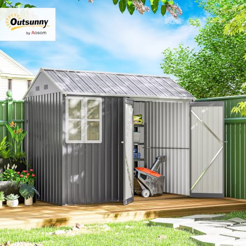 8' x 5.5' Outdoor Storage Shed Metal Garden Shed Window Gray (8' x 5.5' / Gray)