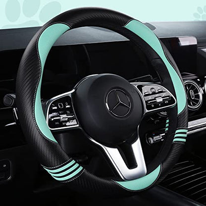 Car Steering Wheel Covers for Women Padded Carbon Fiber PU Leather Cute Auto Interior Accessories for Vehicle (Green+Black / Standard Size[14.75-15.15"](37.5-38.5cm))