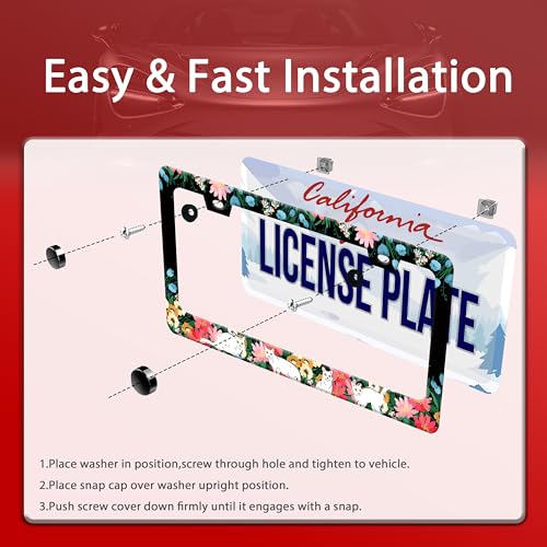 Cute Cat Flowers License Plate Frame Stainless Steel 2 (Cat Flowers)