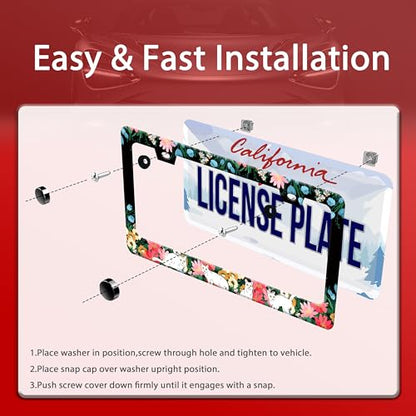 Cute Cat Flowers License Plate Frame Stainless Steel 2 (Cat Flowers)