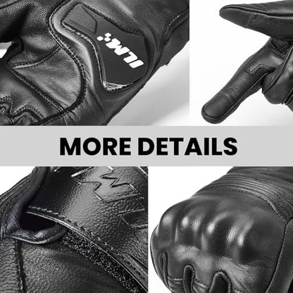 Goatskin Leather Motorcycle Motorbike Powersports Racing Gloves Touchscreen for Men and Women Model DN01 (Black Unperforated / Large)