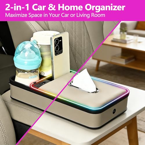 Car Armrest Storage Box with LED Ambient Light (Beige)