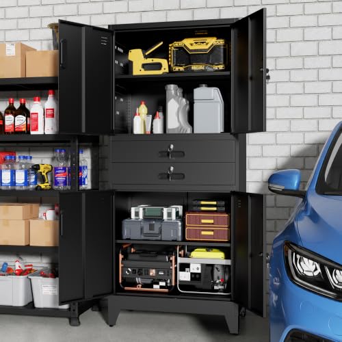 Metal Storage Cabinet for Garage (Black / L - 4 Doors & 2 Drawers (Feet))