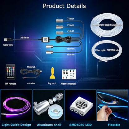 Car Interior LED Lights (5 LED/236 Inches Fiber Optic)