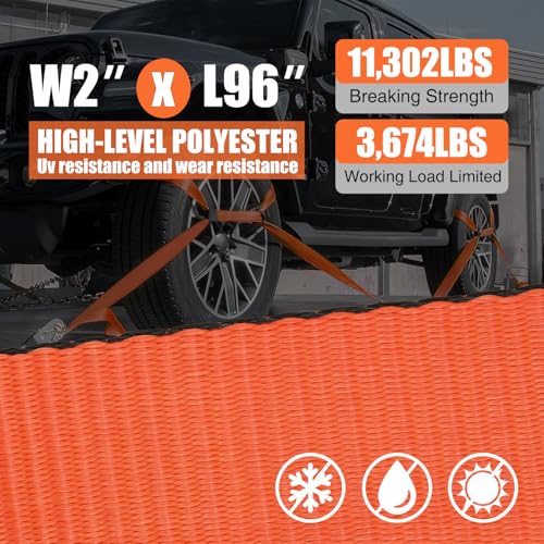 2" x 96" Lasso Style Car Tie Down Straps with Chain Hook Anchors (4Pcs 2in x 96in Wheel Straps)