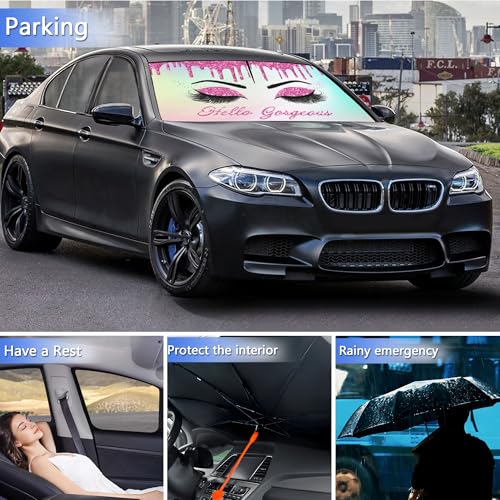 Gorgeous Eyelash Car Windshield Sunshade Umbrella Hello Girl Foldable Sunshade for Car Front Window Shades Sun Visor Protector Auto Windshield Cover Cars Trucks & Suvs 57"x30" (colorful-funny)