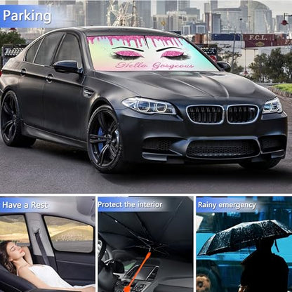 Gorgeous Eyelash Car Windshield Sunshade Umbrella Hello Girl Foldable Sunshade for Car Front Window Shades Sun Visor Protector Auto Windshield Cover Cars Trucks & Suvs 57"x30" (colorful-funny)