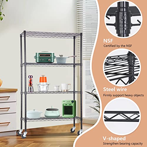 4 Tier Wire Shelf with Wheels (Black / 36"D x 14"W x 62"H)