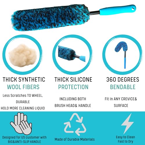 PRO Choice 4 Pack Long Handle Wheel Brush Kit for Cleaning Wheel and Tire (4-Pack / Blue/Black)