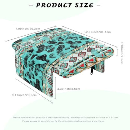 Aztec Cow Print Teal Auto Center Console Armrest Cover Arm Rest Seat Box Protective Cover with Side Storage Pockets Comfortable Middle Console Pad for Car Side Storage Box (Aztec Cow Print Teal)