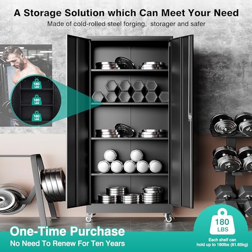 Metal Storage Cabinet with Wheels (75"H x 31.5"W x 16"D / Black)