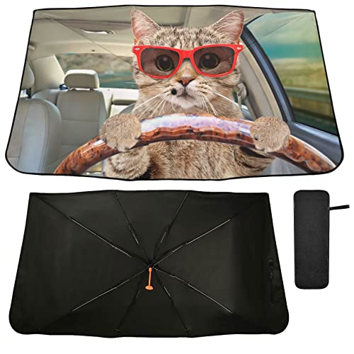 Fun Cute Cat Driving Windshield Sun Shade Umbrella Foldable Car Front Window Sunshade Blocks UV Rays Heat Keep Vehicle Cool (multi 24)