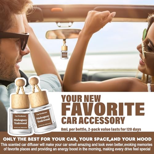 Car Air Freshener Diffuser 2 Pack Hanging Mahogany Teakwood Car Air Freshener for Women 45+ Days Long Lasting Fragrance Made in USA