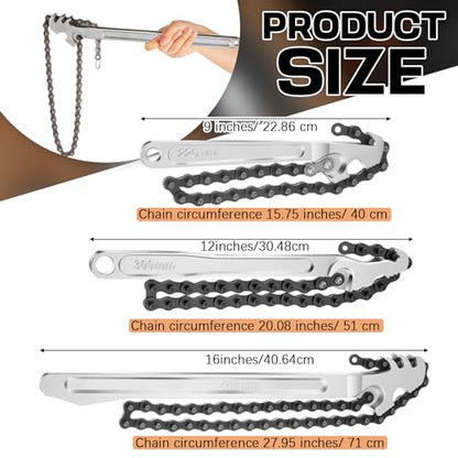 3 Pcs Large Reversible Chain Oil Filter Wrench with 12 16 9 Inch Chain Wrench Adjustable Heavy Duty Carbon Steel Sturdy Pipe Fitting Tool Spanner for Ratcheting Universal (Silver)