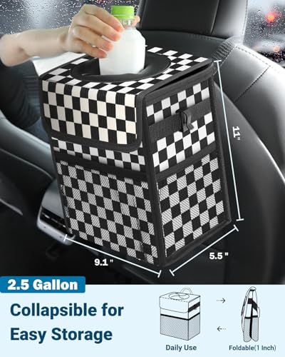 Car Trash Can with Lid (2.5 Gallons / Black Square Grid)