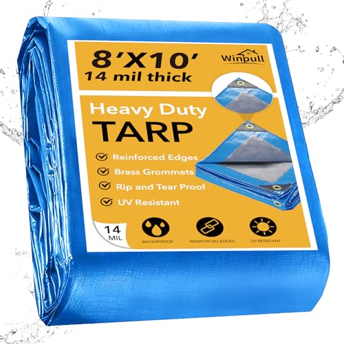 Heavy Duty Tarp 14 Mil Tarp Waterproof Blue 8x10 FT (Blue/Silver-14mil / 8'x10')